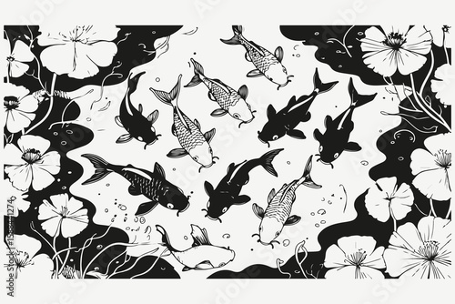 koi carps in the pond sketch illustration vector