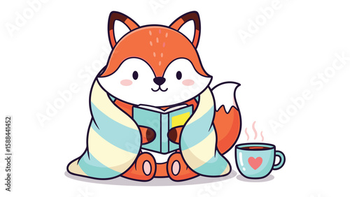 Cute Fox Cartoon Character Reading Book with Blanket and Hot Drink Illustration
