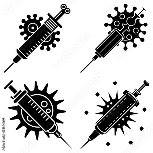 Four black and white vaccine syringes with virus icons in a square arrangement on a white background