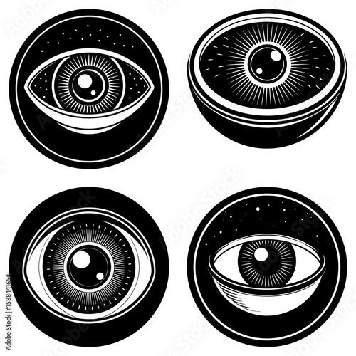 Four black and white eye illustrations in circular frames with radial lines and celestial details