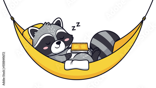 Cute raccoon illustration relaxing in a hammock with book for children's design
