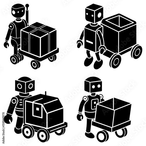 Isometric robots transporting goods with carts in black and white illustration style design shown here