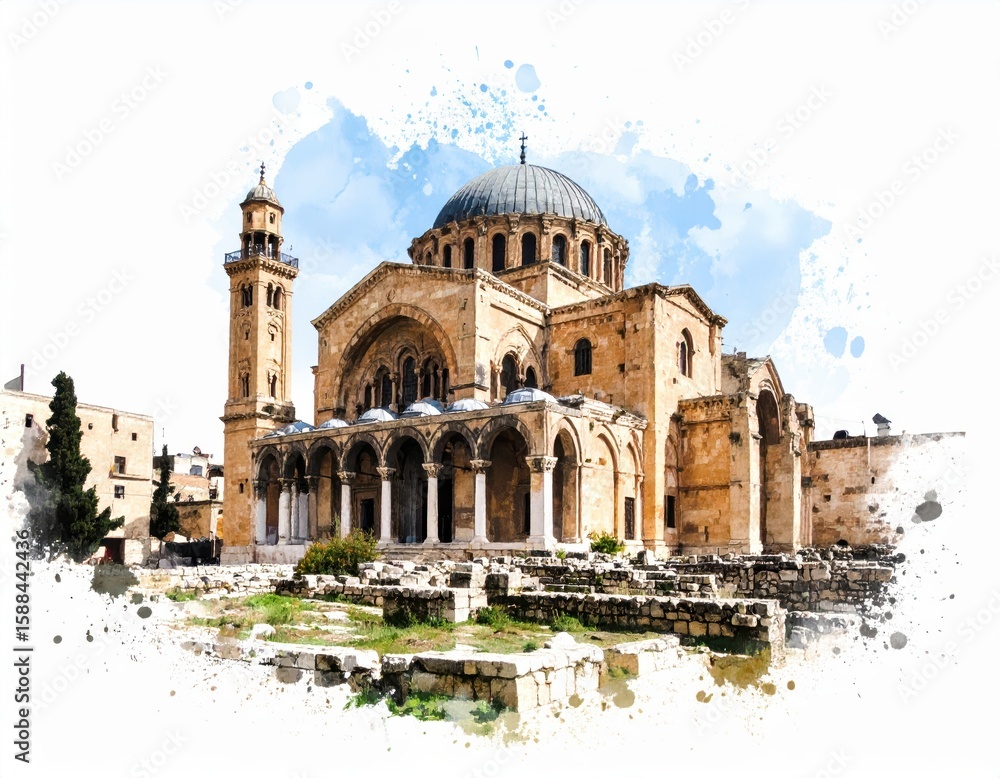 Fototapeta premium Watercolor depiction of historic church with architectural details and serene sky