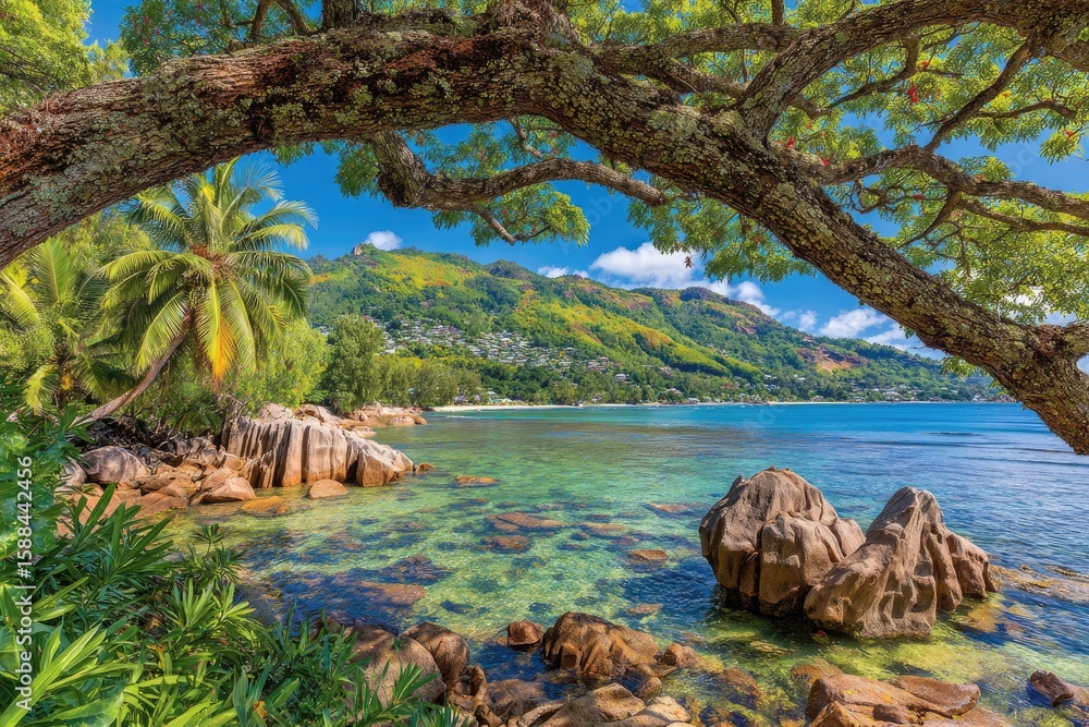 Fototapeta premium Tropical beach scene under a shady tree. Tranquil turquoise water laps gently against granite rocks. Lush greenery and mountains beyond