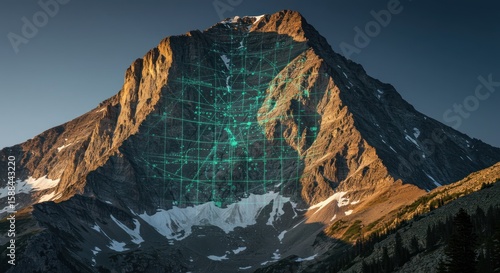 Mountain Peak with Digital Data Overlay in Sunset Light