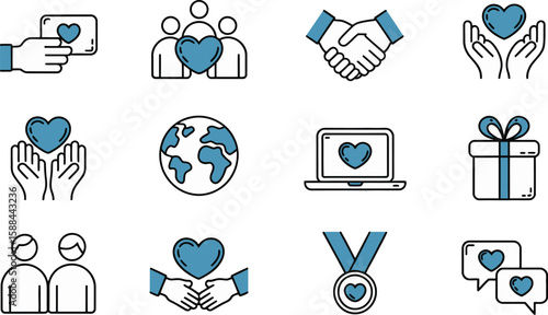 Collection of icons representing kindness compassion and support with blue hearts