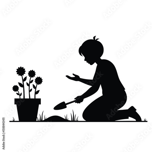 Person planting flowers with shovel silhouette