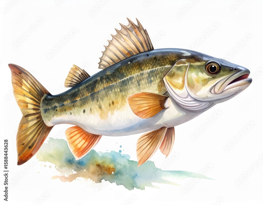 Fototapeta premium Watercolor Illustration of a Realistic Fish with Detailed Fin and Scales