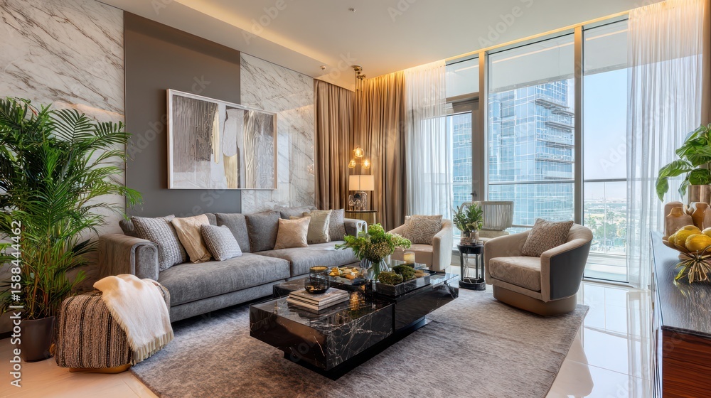 Fototapeta premium Modern, luxurious living room with city views