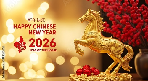 A golden horse statue and festive decorations celebrate Chinese New Year 2026.