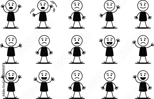 Collection of stick figure characters displaying various emotions and actions on a white background
