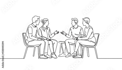 Four people seated in a circle, engaged in conversation.  Simple line drawing