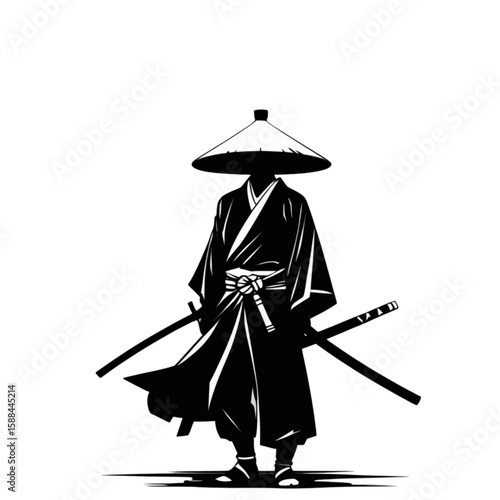 black and white graphic illustration of a lone ronin warrior standing proudly