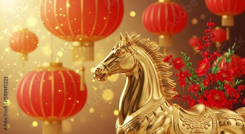 Golden horse statue with red lanterns and flowers, celebrating Chinese New Year with traditional decorations, year of the horses.