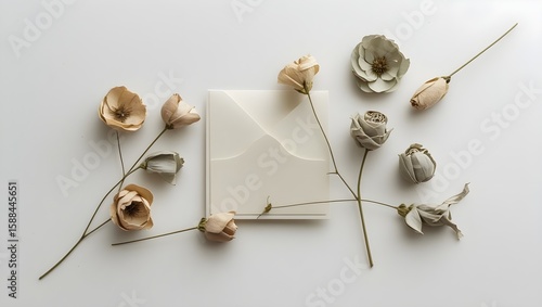 Minimalist floral composition with card and dried flowers, white background