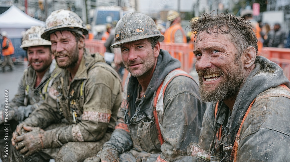 Fototapeta premium Smiling Construction Workers Taking a Break on Site