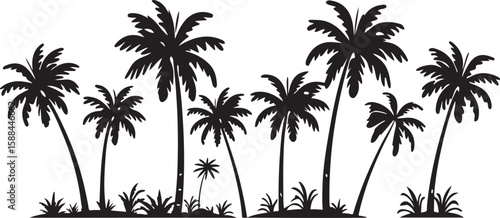 Palm tree silhouettes on tropical beach with coconut palms under sunny sky