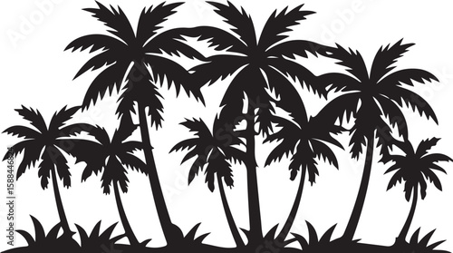 Palm tree silhouette set with tropical beach and summer nature elements