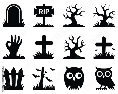 Halloween icon set with decorations and illustrations

