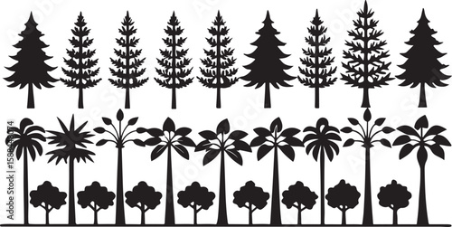 A versatile collection of vector tree silhouettes, including palm and pine, ideal for nature and forest designs