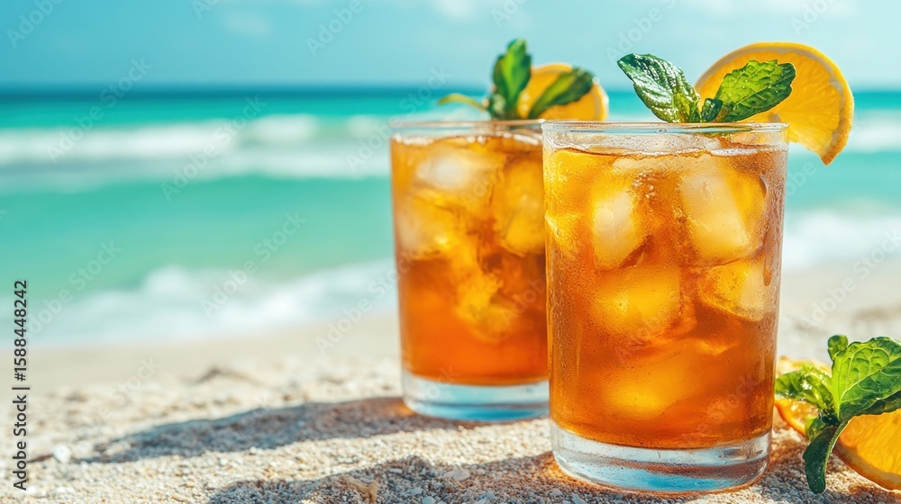 Refreshing Iced Tea with Citrus on a Sandy Shoreline Background Refreshing Iced Tea with Citrus on a Sandy Shoreline Background