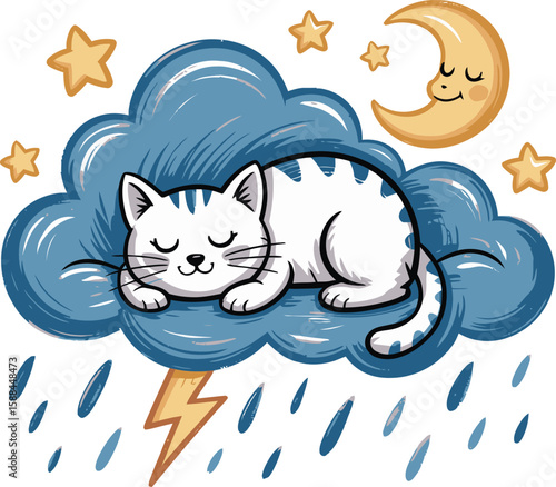Cute sleeping cat on a cloud with moon and stars during a thunderstorm