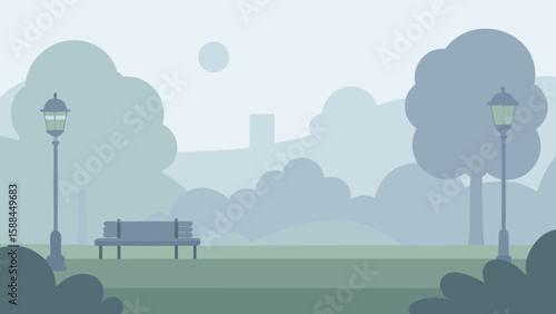 Misty Morning Park Background with Soft Light and Fog