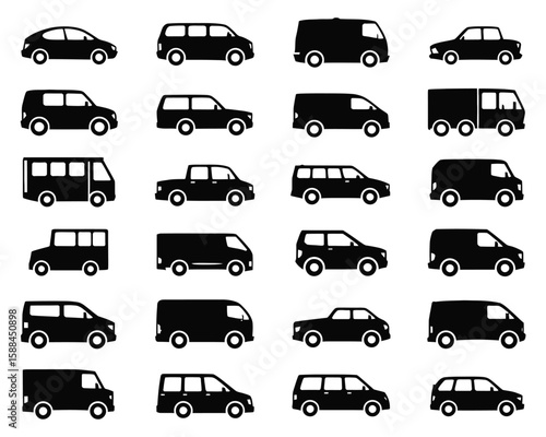 Vector minibus icons in line and stroke styles

