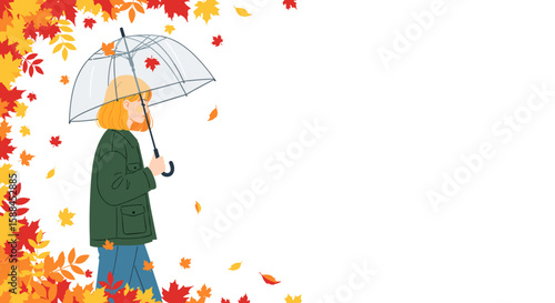 Woman walking with umbrella in autumn rain illustration