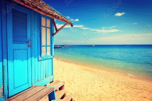 Wallpaper Mural A vibrant blue beach hut on a golden sand beach, facing a tranquil ocean.  Sunshine bathes the scene Torontodigital.ca