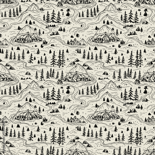 Seamless Camping Pattern: Nature Adventure Landscape with Tent, Trees, and Mountains