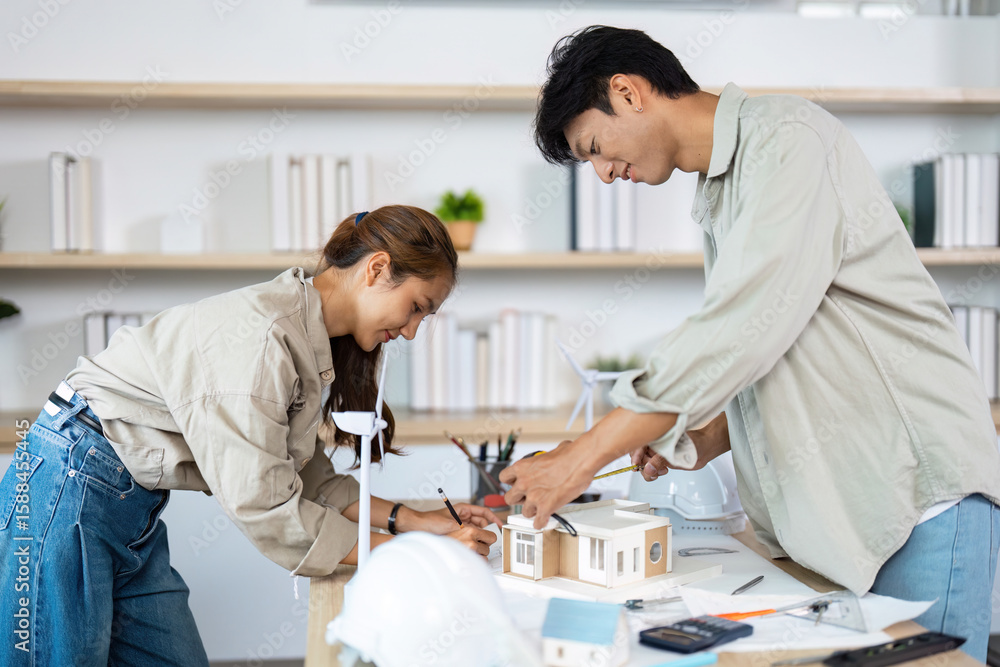 Fototapeta premium Collaboration in Sustainable Architecture. Young designers working on eco-friendly model.
