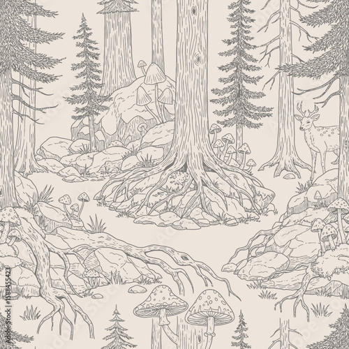 Detailed Black and White Forest Illustration with Deer and Mushrooms