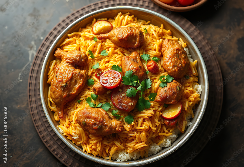 Fototapeta premium Aromatic chicken biryani is served on a decorative plate