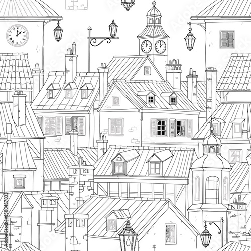 Wallpaper Mural Quaint European City Rooftops Seamless Pattern Line Art Torontodigital.ca