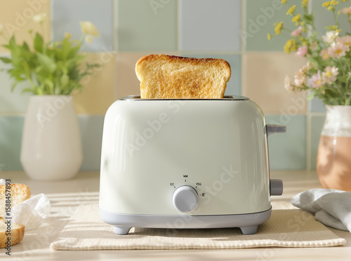 Retro toaster with golden toasted bread popping up, bright kitchen scene with pastel-colored tiles and fresh flowers in the background

