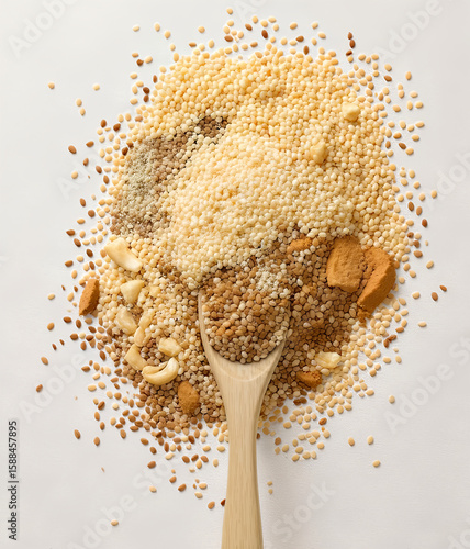 Overhead shot of a pile of mixed grains and seeds — quinoa, flax, millet — artistically spread on canvas with a wooden scoop, neutral pastel background

