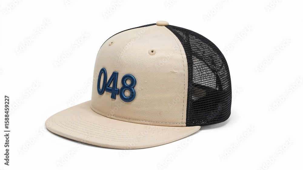 Fototapeta premium Beige mesh trucker cap with blue 048 design on white background
