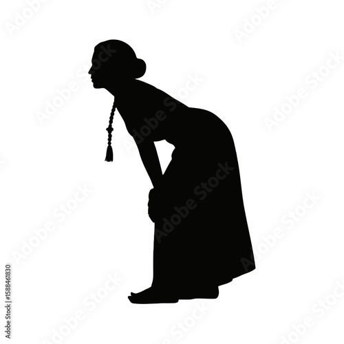 Woman Bending Over with Hair Bun silhouette long dress