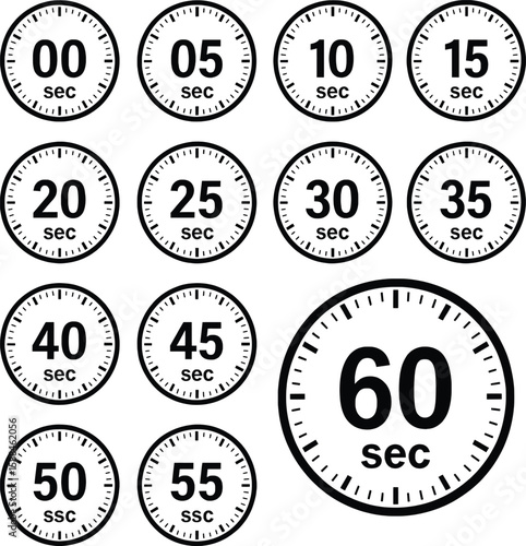 Timer Icons Set – 60 Second Stopwatch Countdown Vector