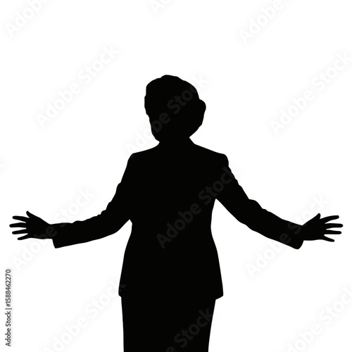 Woman in suit gesturing welcomingly silhouette person
