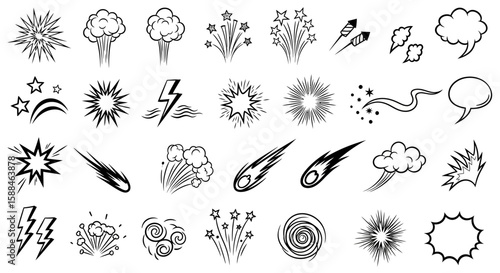 Collection of Comic Style Explosion and Motion Effects in Black and White