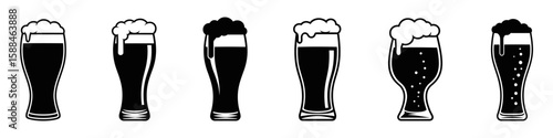 Set of black silhouettes and outlines of beer glasses with foam. Vector illustration.