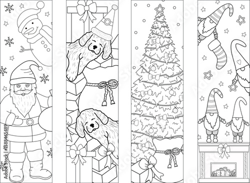 Coloring bookmarks for adult and children: Christmas tree, Santa Claus, Dwarfs and dog