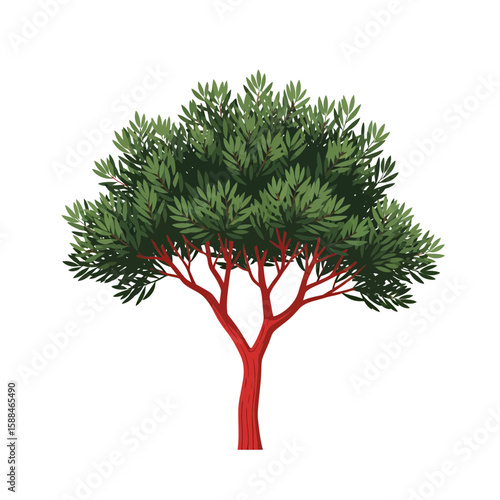 Illustration of a vibrant green olive tree with striking red trunk and branches, concept for architecture design, landscape design, tree element for environment and garden