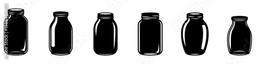 Set of black silhouettes of glass bottles or jars in various shapes. Vector illustration.