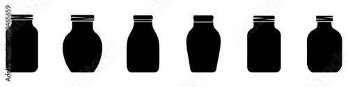 Set of black silhouettes of glass bottles or jars in various shapes. Vector illustration.