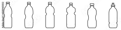 Set of outline images of plastic bottles in various shapes. Black vector illustration.