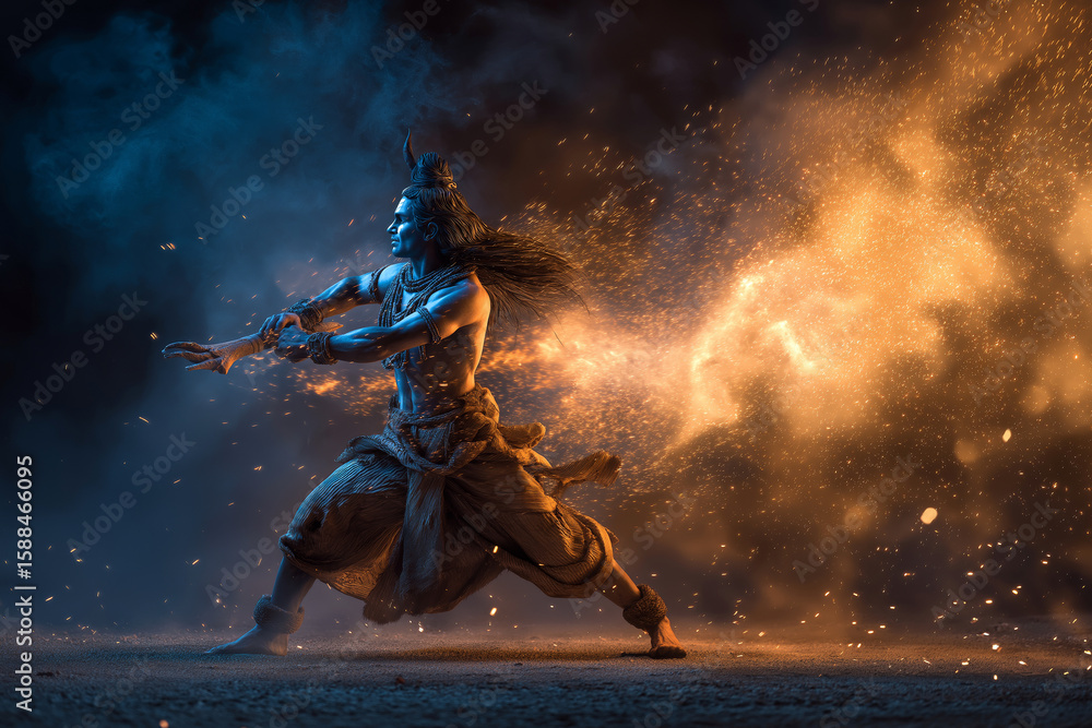 Dramatic night scene of Lord Shiva performing Tandava dance with fire and storm, epic movement and energy. Dramatic night scene of Lord Shiva performing Tandava dance with fire and storm, epic movement and energy.