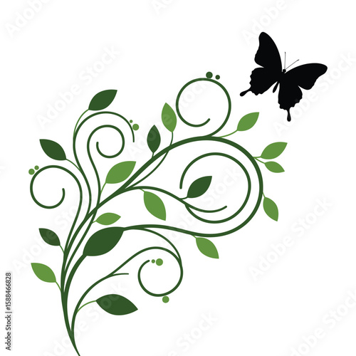 Green Floral Swirl with Black Butterfly – Nature Vector Design for Eco Themes